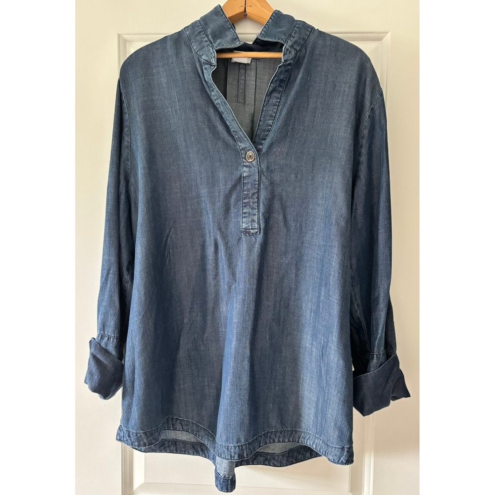 Chico's Tencel Lyocell Tunic Women 3/XL Blue Denim Henley Roll Tab Sleeve Casual